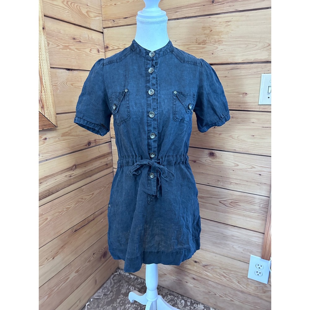 Tristan Blue 100% Linen Button Front Utility Shirt Dress Small FV010C0169Z
